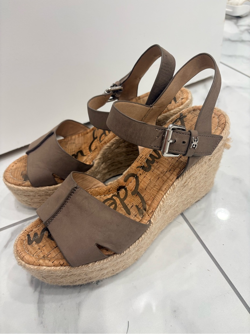 Sam Edelman Taupe Espadrille Wedge Sandals with Ankle Strap